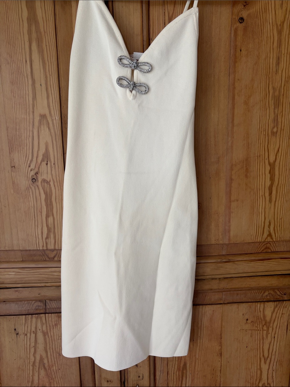 Astr Cream Midi Slip Dress with Rhinestone Bow Accents